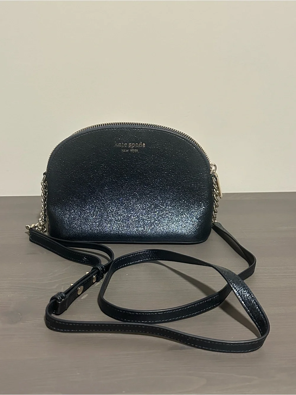 kate spade Black Leather Dome Crossbody with Gold Chain